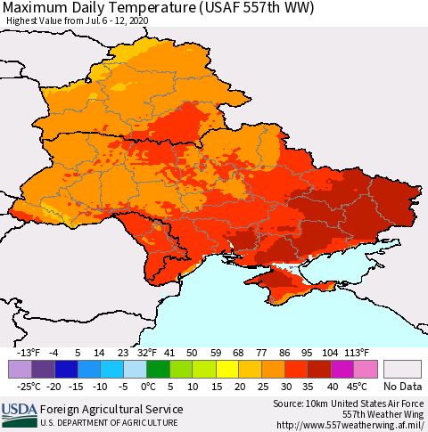 Ukraine, Moldova and Belarus Maximum Daily Temperature (USAF 557th WW) Thematic Map For 7/6/2020 - 7/12/2020