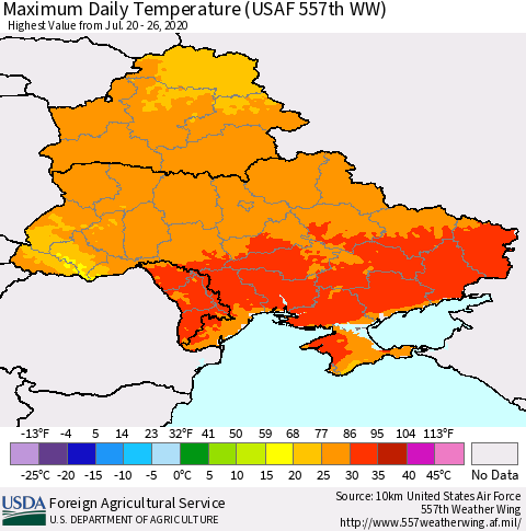 Ukraine, Moldova and Belarus Maximum Daily Temperature (USAF 557th WW) Thematic Map For 7/20/2020 - 7/26/2020