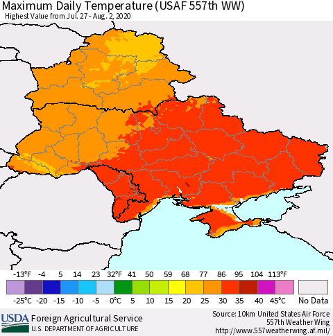 Ukraine, Moldova and Belarus Maximum Daily Temperature (USAF 557th WW) Thematic Map For 7/27/2020 - 8/2/2020