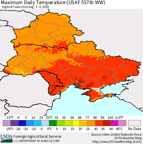 Ukraine, Moldova and Belarus Extreme Maximum Temperature (USAF 557th WW) Thematic Map For 8/3/2020 - 8/9/2020