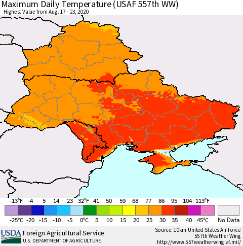 Ukraine, Moldova and Belarus Extreme Maximum Temperature (USAF 557th WW) Thematic Map For 8/17/2020 - 8/23/2020