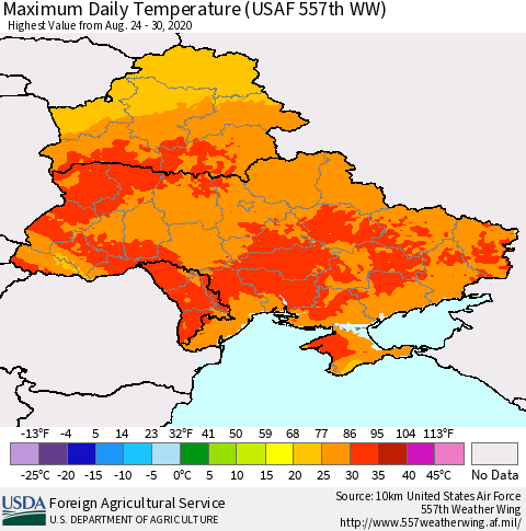 Ukraine, Moldova and Belarus Extreme Maximum Temperature (USAF 557th WW) Thematic Map For 8/24/2020 - 8/30/2020
