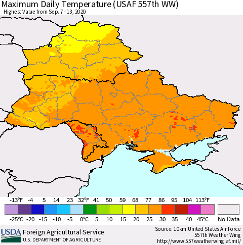Ukraine, Moldova and Belarus Maximum Daily Temperature (USAF 557th WW) Thematic Map For 9/7/2020 - 9/13/2020