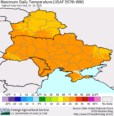 Ukraine, Moldova and Belarus Extreme Maximum Temperature (USAF 557th WW) Thematic Map For 9/14/2020 - 9/20/2020