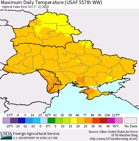 Ukraine, Moldova and Belarus Extreme Maximum Temperature (USAF 557th WW) Thematic Map For 10/5/2020 - 10/11/2020