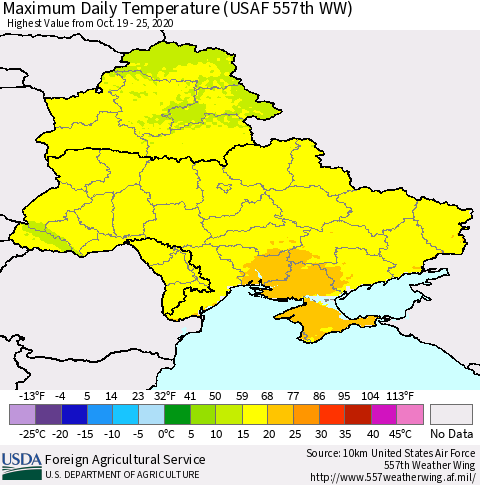 Ukraine, Moldova and Belarus Extreme Maximum Temperature (USAF 557th WW) Thematic Map For 10/19/2020 - 10/25/2020