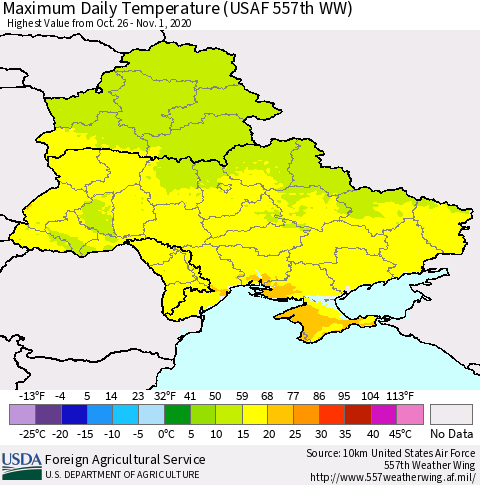 Ukraine, Moldova and Belarus Extreme Maximum Temperature (USAF 557th WW) Thematic Map For 10/26/2020 - 11/1/2020