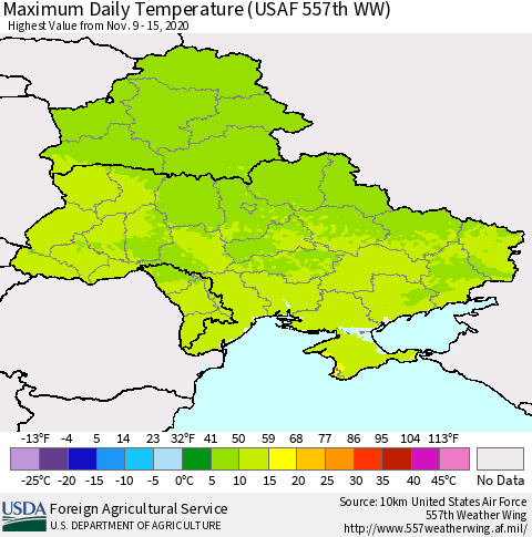 Ukraine, Moldova and Belarus Maximum Daily Temperature (USAF 557th WW) Thematic Map For 11/9/2020 - 11/15/2020