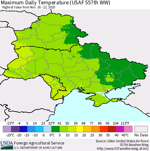 Ukraine, Moldova and Belarus Maximum Daily Temperature (USAF 557th WW) Thematic Map For 11/16/2020 - 11/22/2020