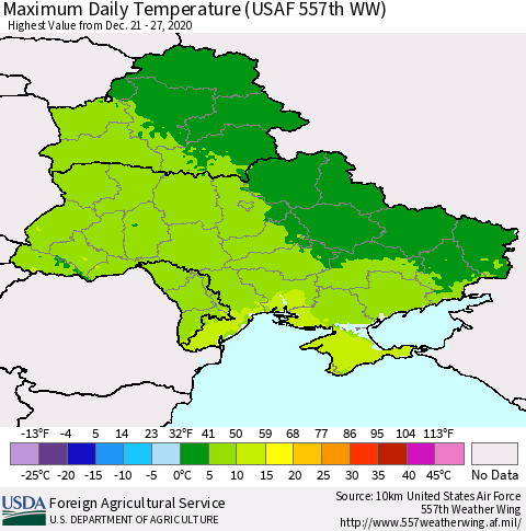 Ukraine, Moldova and Belarus Extreme Maximum Temperature (USAF 557th WW) Thematic Map For 12/21/2020 - 12/27/2020