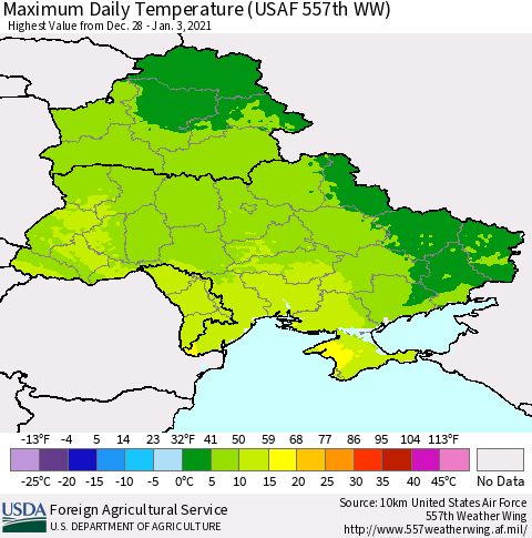 Ukraine, Moldova and Belarus Extreme Maximum Temperature (USAF 557th WW) Thematic Map For 12/28/2020 - 1/3/2021