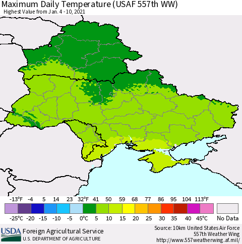 Ukraine, Moldova and Belarus Extreme Maximum Temperature (USAF 557th WW) Thematic Map For 1/4/2021 - 1/10/2021