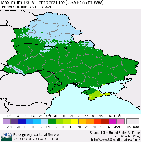 Ukraine, Moldova and Belarus Extreme Maximum Temperature (USAF 557th WW) Thematic Map For 1/11/2021 - 1/17/2021