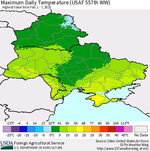 Ukraine, Moldova and Belarus Extreme Maximum Temperature (USAF 557th WW) Thematic Map For 2/1/2021 - 2/7/2021