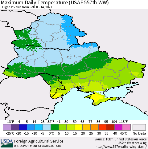 Ukraine, Moldova and Belarus Extreme Maximum Temperature (USAF 557th WW) Thematic Map For 2/8/2021 - 2/14/2021