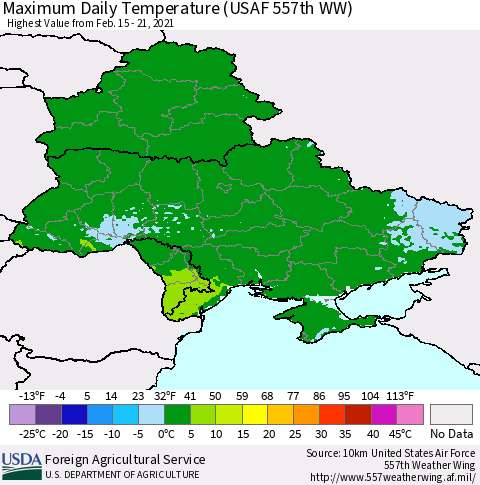 Ukraine, Moldova and Belarus Extreme Maximum Temperature (USAF 557th WW) Thematic Map For 2/15/2021 - 2/21/2021