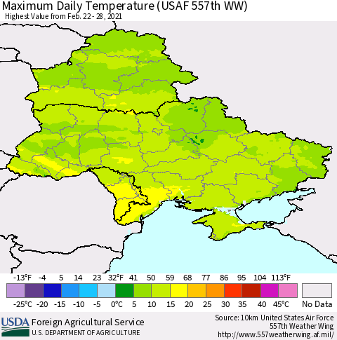 Ukraine, Moldova and Belarus Maximum Daily Temperature (USAF 557th WW) Thematic Map For 2/22/2021 - 2/28/2021
