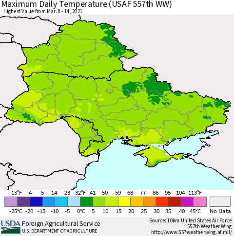 Ukraine, Moldova and Belarus Extreme Maximum Temperature (USAF 557th WW) Thematic Map For 3/8/2021 - 3/14/2021