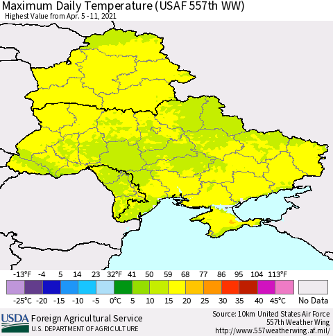 Ukraine, Moldova and Belarus Maximum Daily Temperature (USAF 557th WW) Thematic Map For 4/5/2021 - 4/11/2021
