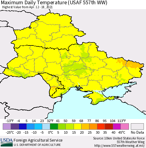 Ukraine, Moldova and Belarus Extreme Maximum Temperature (USAF 557th WW) Thematic Map For 4/12/2021 - 4/18/2021