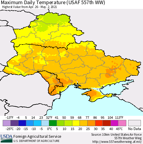 Ukraine, Moldova and Belarus Extreme Maximum Temperature (USAF 557th WW) Thematic Map For 4/26/2021 - 5/2/2021