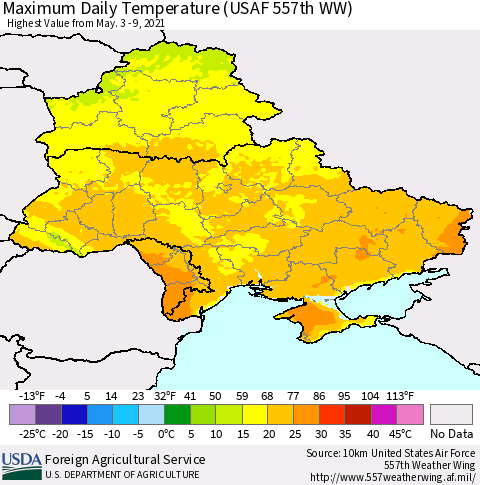Ukraine, Moldova and Belarus Maximum Daily Temperature (USAF 557th WW) Thematic Map For 5/3/2021 - 5/9/2021