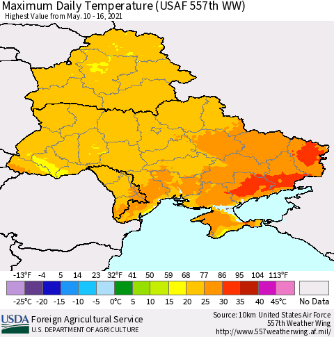 Ukraine, Moldova and Belarus Extreme Maximum Temperature (USAF 557th WW) Thematic Map For 5/10/2021 - 5/16/2021