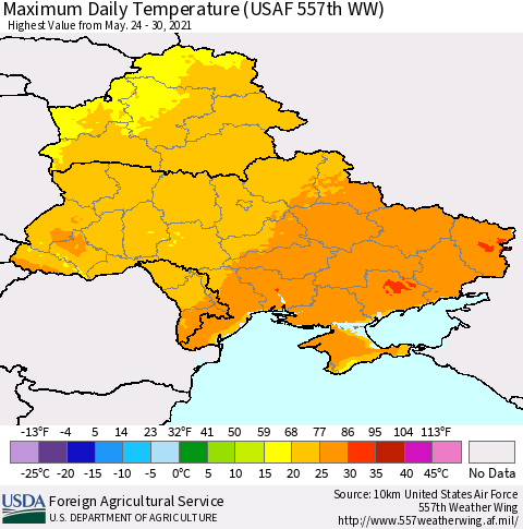 Ukraine, Moldova and Belarus Extreme Maximum Temperature (USAF 557th WW) Thematic Map For 5/24/2021 - 5/30/2021