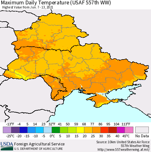 Ukraine, Moldova and Belarus Extreme Maximum Temperature (USAF 557th WW) Thematic Map For 6/7/2021 - 6/13/2021