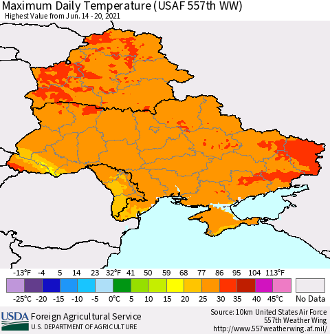 Ukraine, Moldova and Belarus Extreme Maximum Temperature (USAF 557th WW) Thematic Map For 6/14/2021 - 6/20/2021