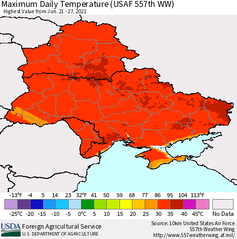Ukraine, Moldova and Belarus Extreme Maximum Temperature (USAF 557th WW) Thematic Map For 6/21/2021 - 6/27/2021