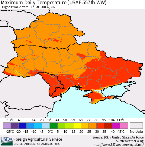 Ukraine, Moldova and Belarus Extreme Maximum Temperature (USAF 557th WW) Thematic Map For 6/28/2021 - 7/4/2021
