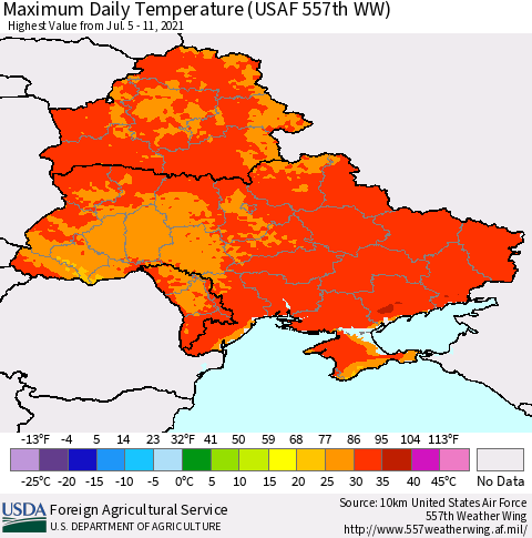 Ukraine, Moldova and Belarus Extreme Maximum Temperature (USAF 557th WW) Thematic Map For 7/5/2021 - 7/11/2021