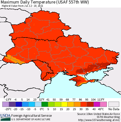 Ukraine, Moldova and Belarus Extreme Maximum Temperature (USAF 557th WW) Thematic Map For 7/12/2021 - 7/18/2021