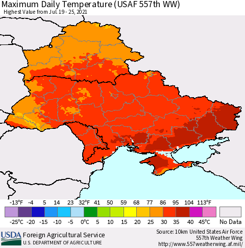 Ukraine, Moldova and Belarus Extreme Maximum Temperature (USAF 557th WW) Thematic Map For 7/19/2021 - 7/25/2021