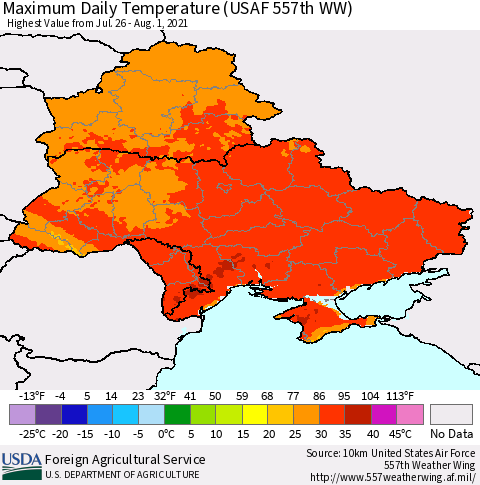 Ukraine, Moldova and Belarus Extreme Maximum Temperature (USAF 557th WW) Thematic Map For 7/26/2021 - 8/1/2021
