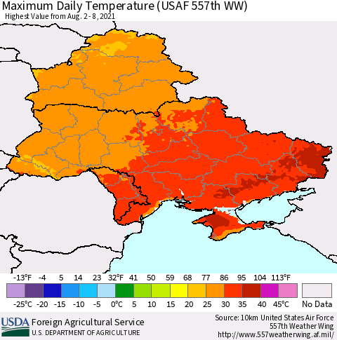Ukraine, Moldova and Belarus Extreme Maximum Temperature (USAF 557th WW) Thematic Map For 8/2/2021 - 8/8/2021