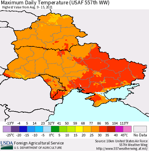 Ukraine, Moldova and Belarus Extreme Maximum Temperature (USAF 557th WW) Thematic Map For 8/9/2021 - 8/15/2021