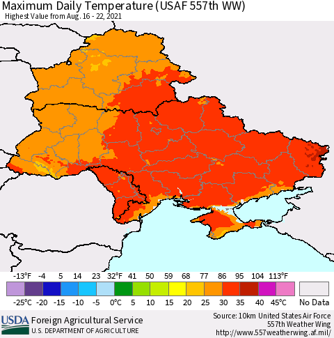 Ukraine, Moldova and Belarus Extreme Maximum Temperature (USAF 557th WW) Thematic Map For 8/16/2021 - 8/22/2021