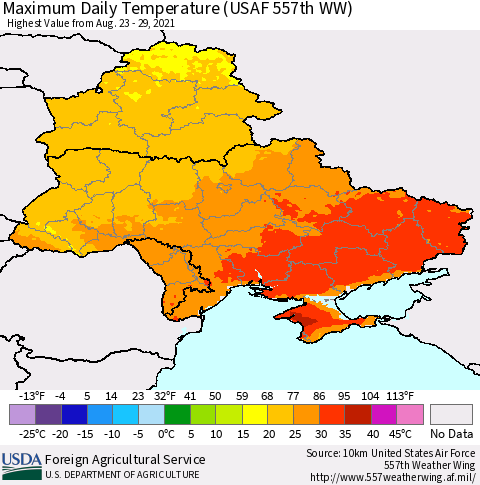 Ukraine, Moldova and Belarus Extreme Maximum Temperature (USAF 557th WW) Thematic Map For 8/23/2021 - 8/29/2021