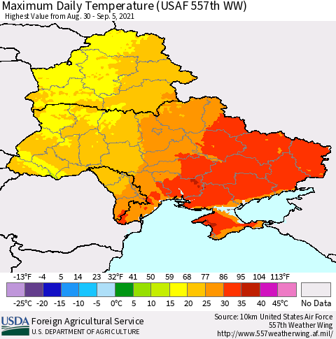 Ukraine, Moldova and Belarus Maximum Daily Temperature (USAF 557th WW) Thematic Map For 8/30/2021 - 9/5/2021