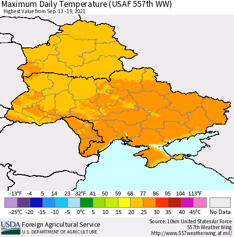 Ukraine, Moldova and Belarus Maximum Daily Temperature (USAF 557th WW) Thematic Map For 9/13/2021 - 9/19/2021