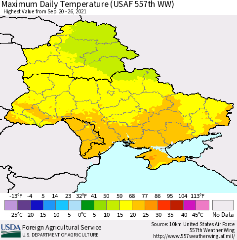 Ukraine, Moldova and Belarus Extreme Maximum Temperature (USAF 557th WW) Thematic Map For 9/20/2021 - 9/26/2021