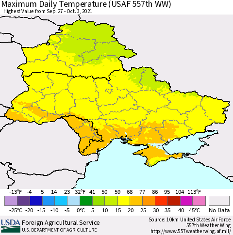 Ukraine, Moldova and Belarus Extreme Maximum Temperature (USAF 557th WW) Thematic Map For 9/27/2021 - 10/3/2021