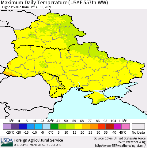 Ukraine, Moldova and Belarus Extreme Maximum Temperature (USAF 557th WW) Thematic Map For 10/4/2021 - 10/10/2021