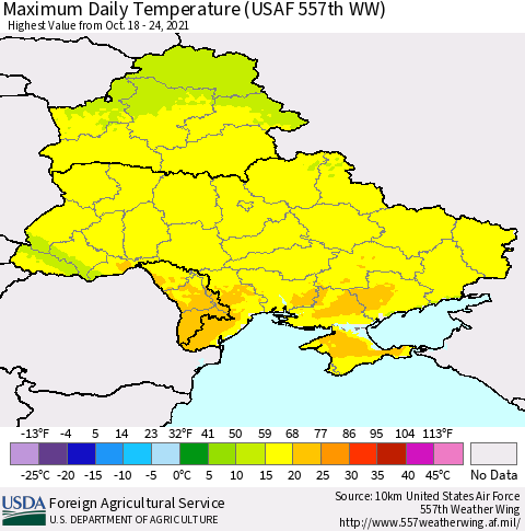 Ukraine, Moldova and Belarus Extreme Maximum Temperature (USAF 557th WW) Thematic Map For 10/18/2021 - 10/24/2021