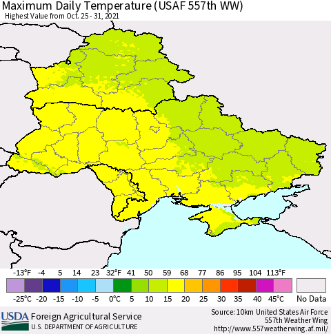 Ukraine, Moldova and Belarus Extreme Maximum Temperature (USAF 557th WW) Thematic Map For 10/25/2021 - 10/31/2021