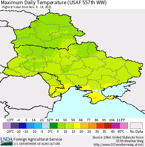 Ukraine, Moldova and Belarus Maximum Daily Temperature (USAF 557th WW) Thematic Map For 11/8/2021 - 11/14/2021