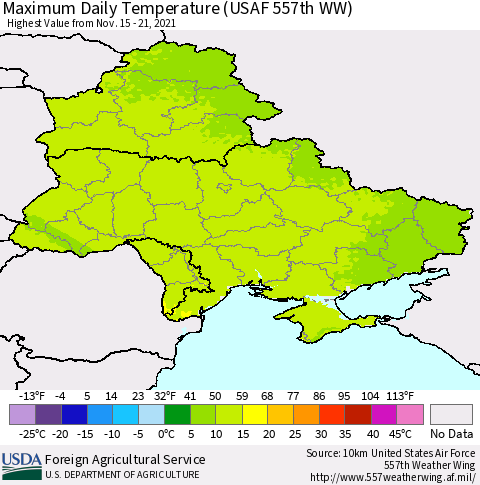 Ukraine, Moldova and Belarus Maximum Daily Temperature (USAF 557th WW) Thematic Map For 11/15/2021 - 11/21/2021