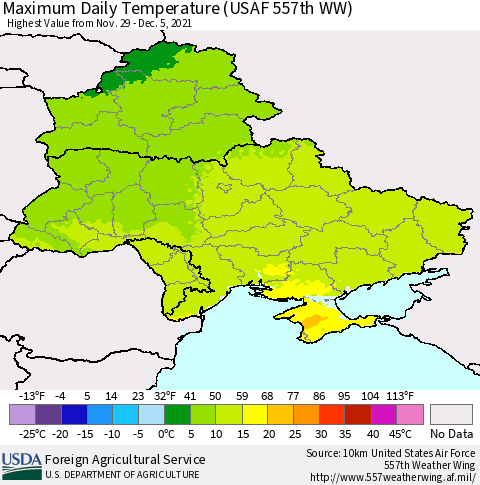 Ukraine, Moldova and Belarus Maximum Daily Temperature (USAF 557th WW) Thematic Map For 11/29/2021 - 12/5/2021